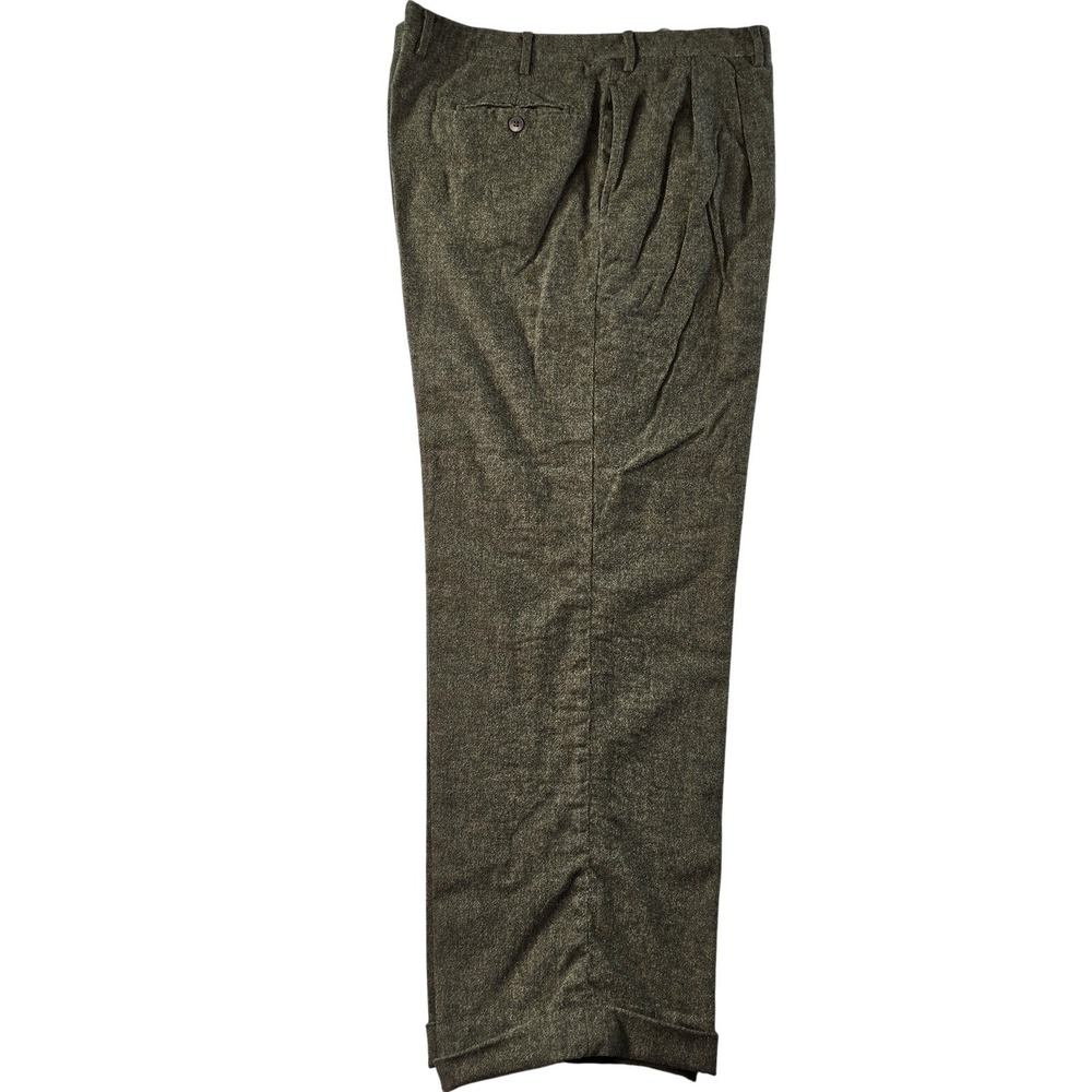 Luciano Barbera Pants Mens 36x30 Green Dress Pants Wool Blend Pleated Tweed Cuff